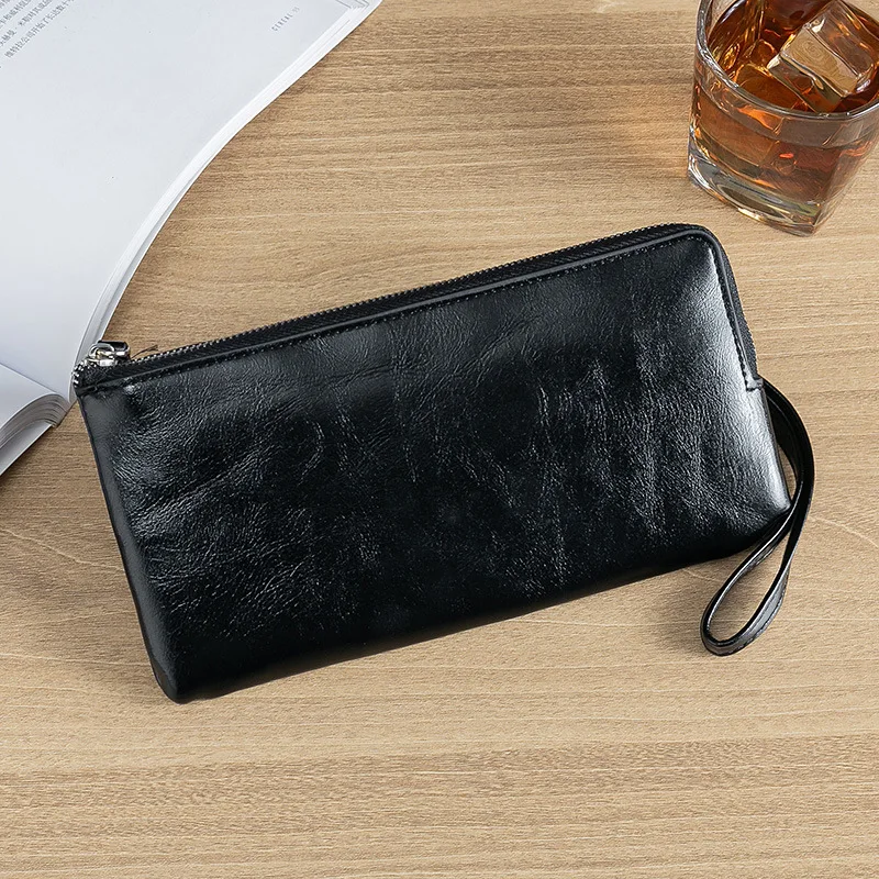 

Long Wallets Retro Soft Clutch Bag Men Oil Wax Leather Zipper Pocket Wrist Hand Strap Design Credit Card Holder Wallet Phone Bag