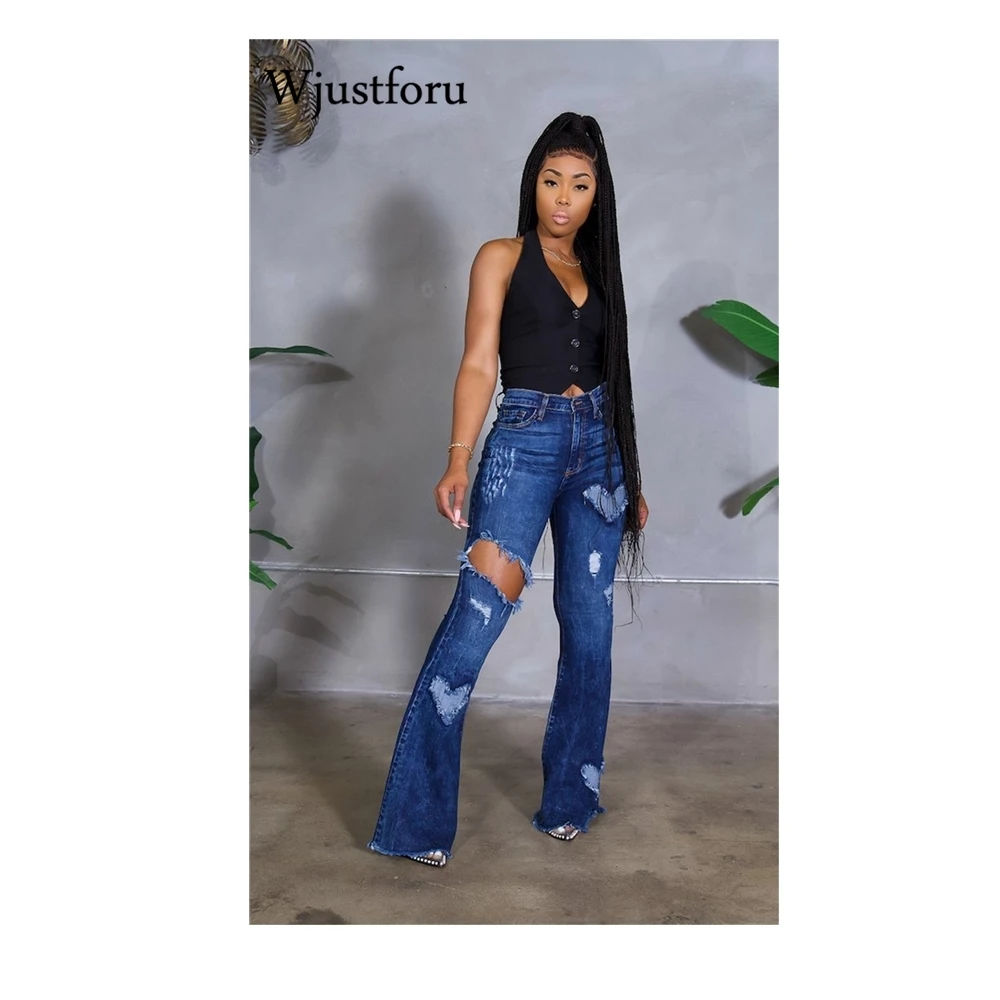 

Wjustforu Hole Bodycon Flare Jeans Women Sexy Zipper Mid Waist Denim Pants 2021 Summer Casual Solid Streetwear For Women