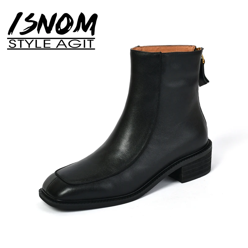 

ISNOM Women Genuine Leather Mid Heel Square Toe Lady Ankle Boots Fashion Cowhide Back Zipper Handmade Shoes XL139