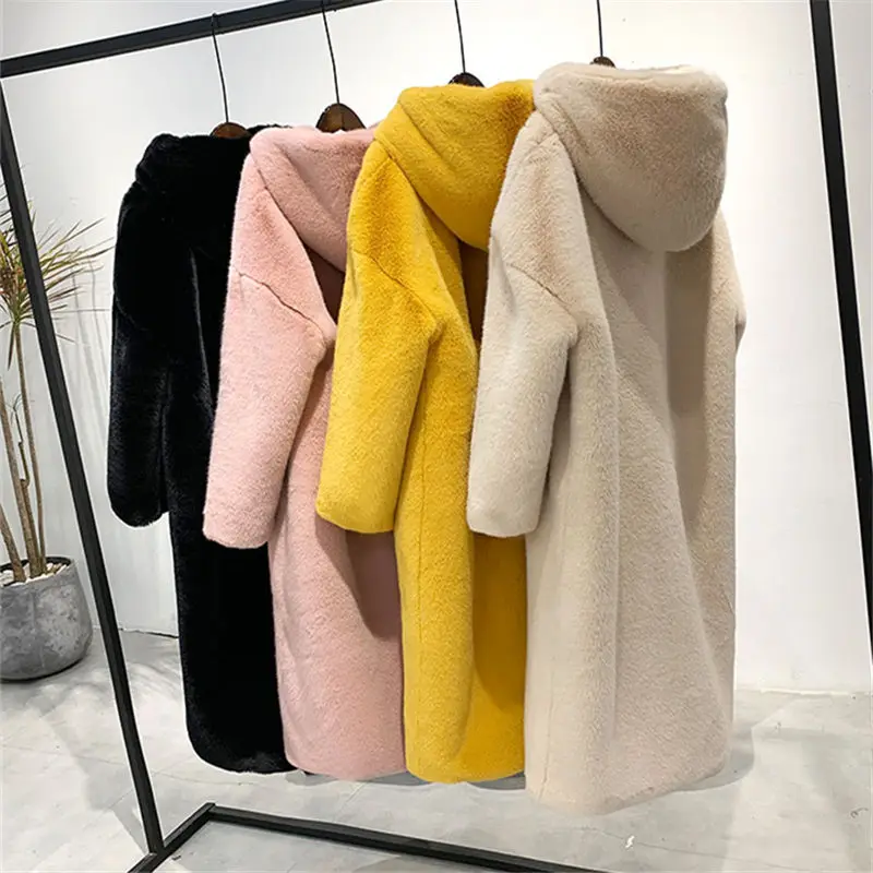 Winter Women Faux Rabbit Fur Coat Hooded Luxury Long Fur Coat Thick Warm Fluffy Jacket Plus Size Femme Plush OverCoat Teddy Coat
