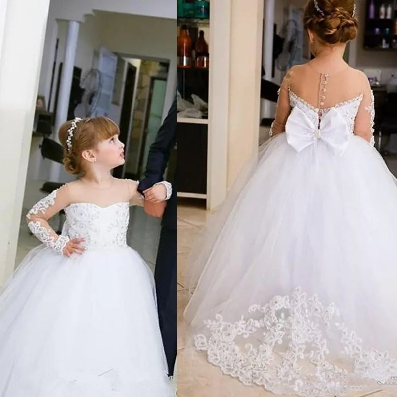 

Sheer Neck 2020 Flower Gilr Dresses Little Girl Wedding Dresses Long Sleeves Lace Beaded Beautiful Child Pageant Gowns