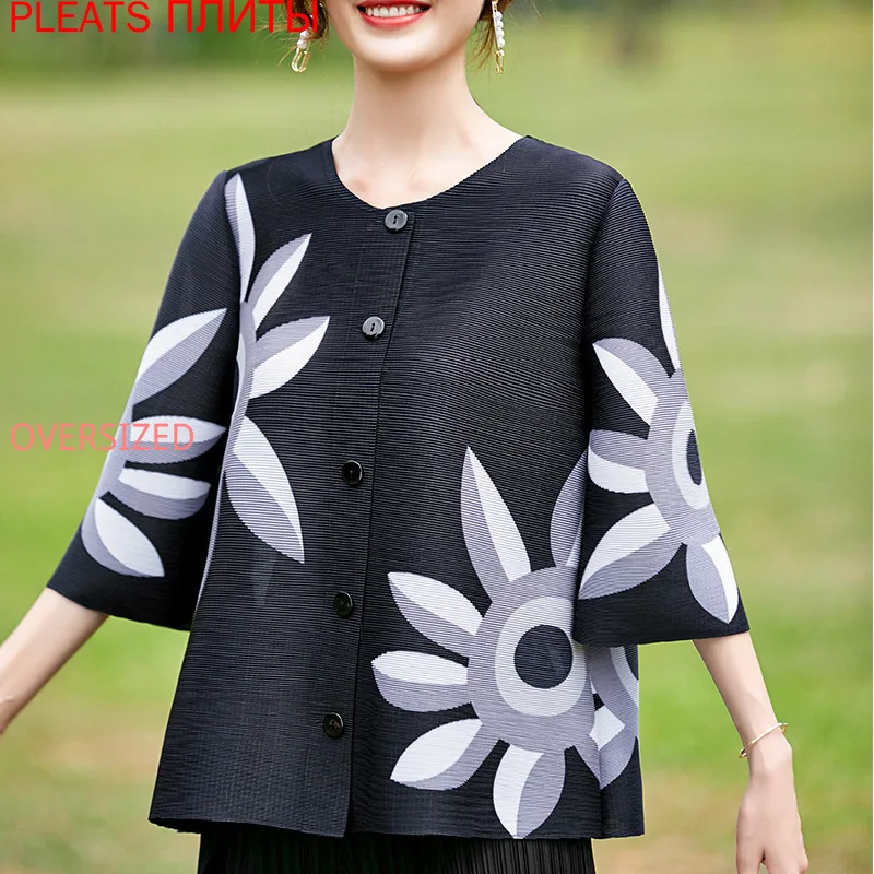 Women's Pleated Jacket Summer Short Miyake Single-breasted Wide-handed Sleeves Temperament Loose Printing Dyeing Large Flower