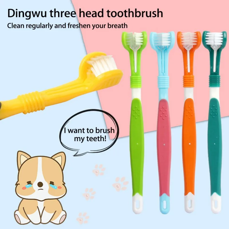 

Pet Dog Three-Head Toothbrush Prevent Bad Breath Tartar Multi-angle Cleaning Dog Cat Mouth with Anti-slip Strips Handle, 5Colors
