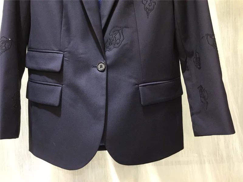

Single Button WOman Blazer BACK leaf Shawl Collar Long Sleeves Pockets Slit back Fashion Suit Rhinestone detail