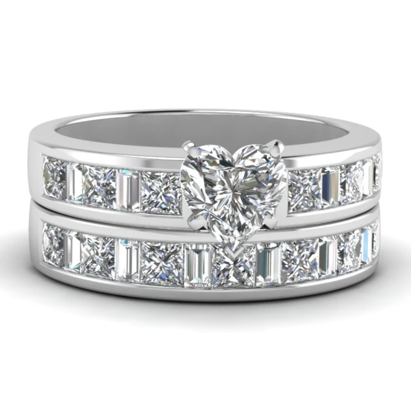 

2pcs/set Fashion Women Ring Sets Bijoux Zircon Heart Rings For Women Jewelry Accessories Romantic Wedding Band Best Gift