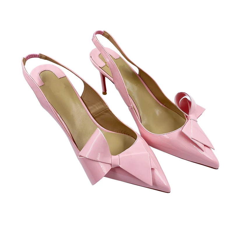 Size 34-45 Solid Color Patent Leather Big Bow-Tie Pointy Toe Elegant Slingback Women High Heels Sandals Shoes