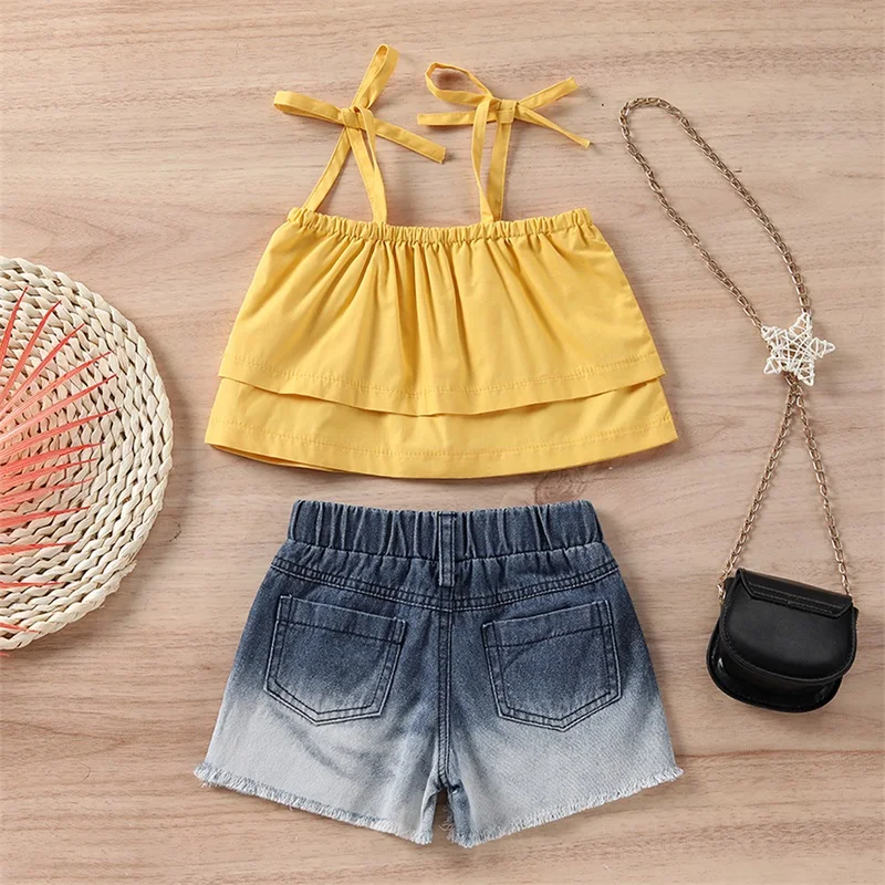 

Casual Little Girl Shorts Set Shoulder Strap Solid Color Elastic Tops Camisole Elastic Waist Ribbed Short Pants Kids Clothing