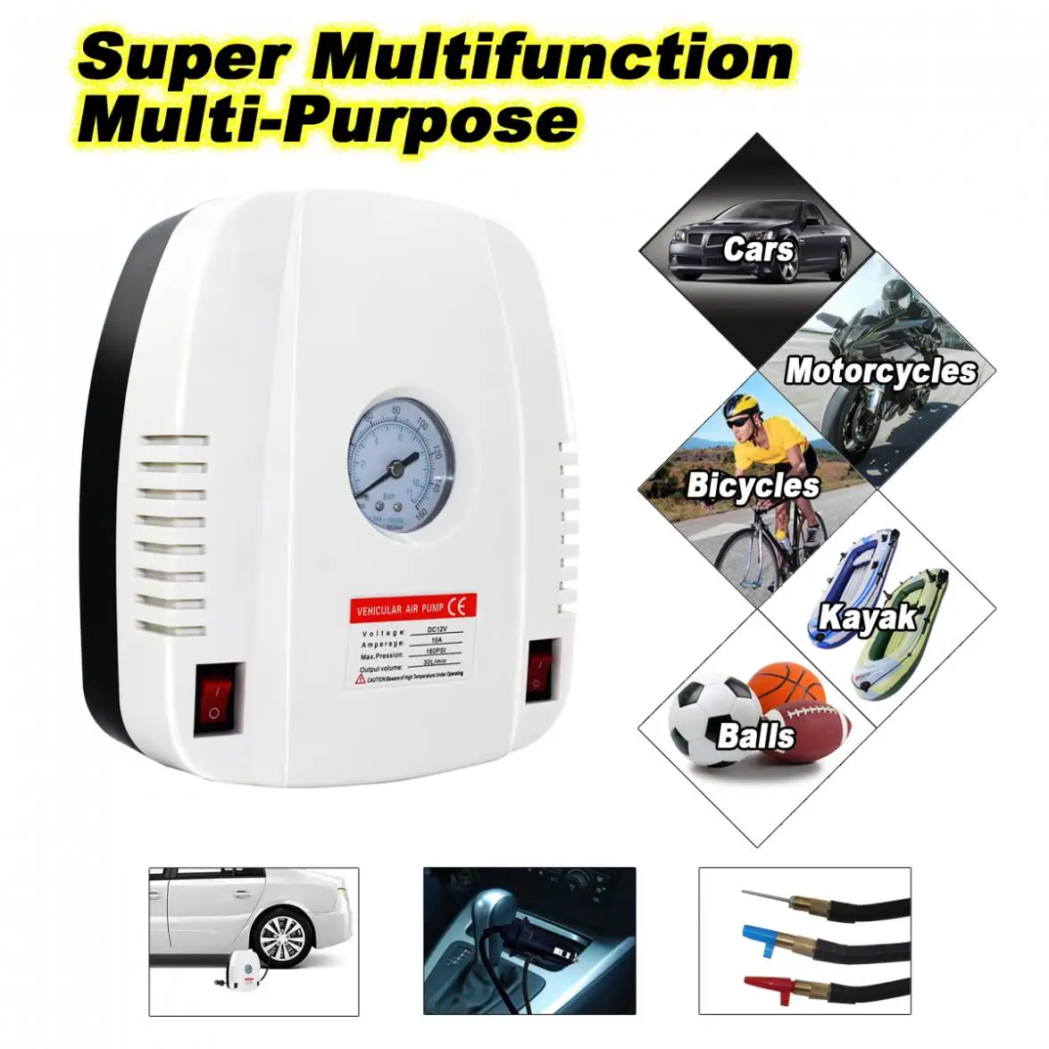 Насос для шин портативный автомобильный воздушный компрессор 12 в пост. Тока 100PSI| |