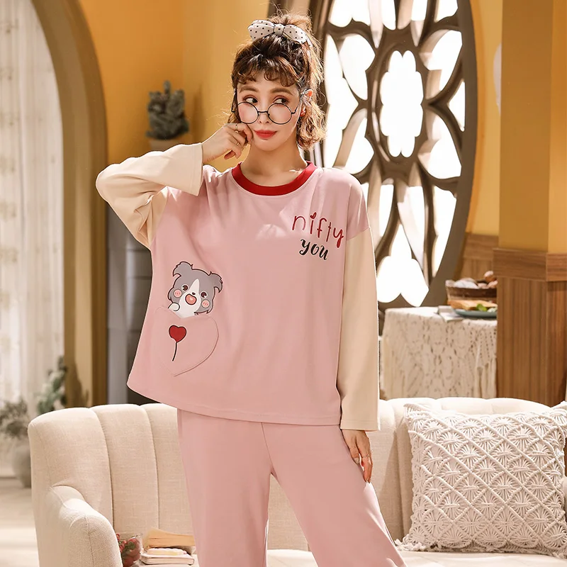 Foply Cartoon 100% Full Cotton Pajamas Set Women Pyjamas Sleepwear Women Nightwear Pijama Mujer Home Wear Long Pants Nightsuit