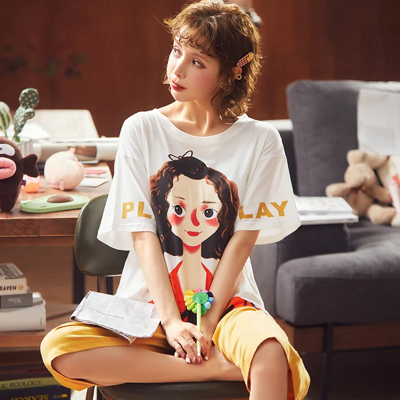 

Весенне-летний хлопковый пижамный комплект с героями мультфильмов, хлопковый топ с коротким рукавом и брюки до щиколотки, женская одежда дл...