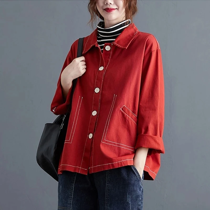 

100% Cotton Women Autumn Casual Jackets New 2021 Simple Style Vintage Solid Color Loose Comfortable Female Outerwear Coats