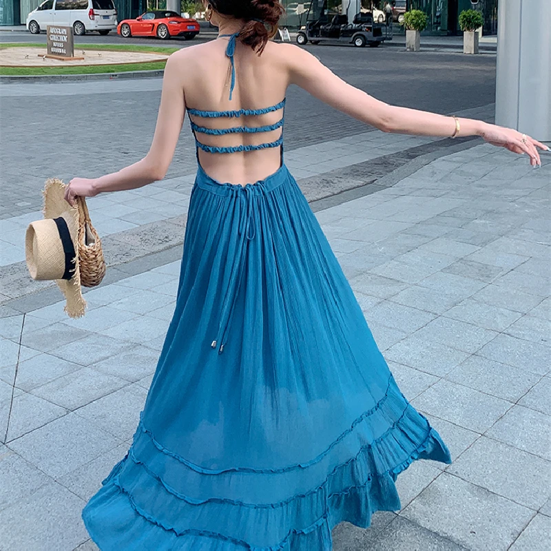 

Summer 2021 Runway Elegant Sundresses Korean Fairy Casual Beach Vacation Party Long Vestidos Women Maxi Backless Blue Slip Dress