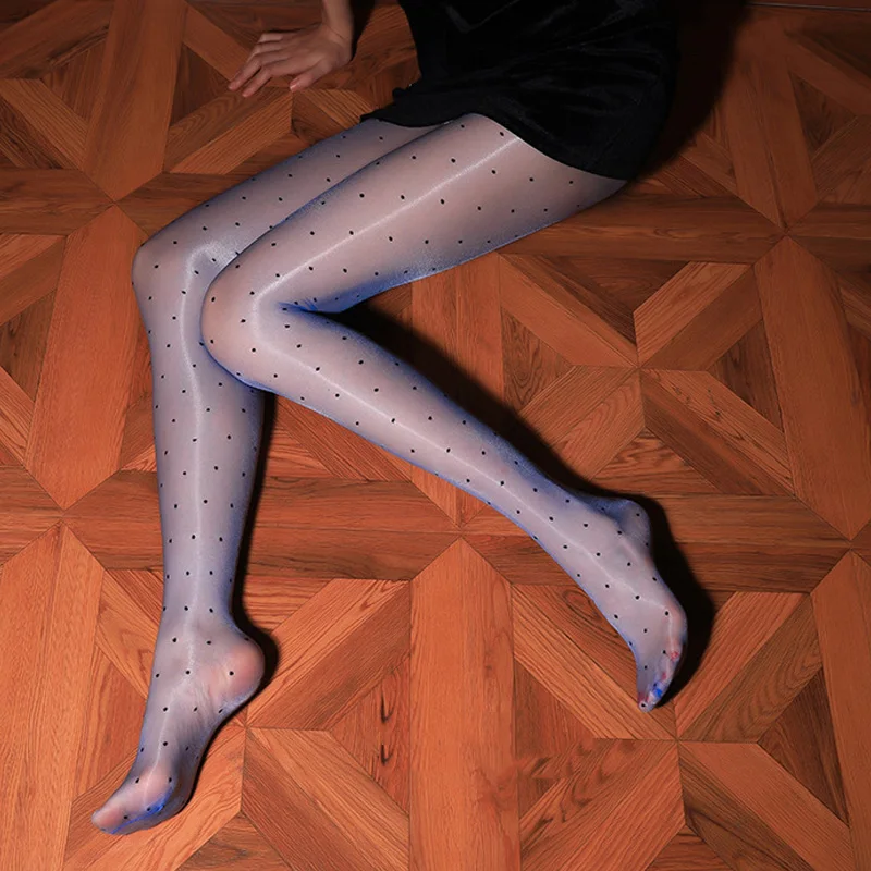 

Black Dot Woman Pantyhose Sexy Ultra-thin Shiny Oil Collant Femme Crotchless Transparent Tights Women Nylon Erotic Stockings
