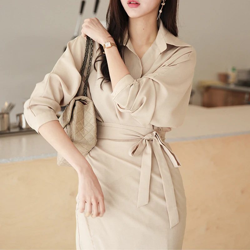 

Summer Spring Women Bandage Elegant Shirt Dress New V-Neck Office Lady Daily Fashion Tide Autumn Clothes