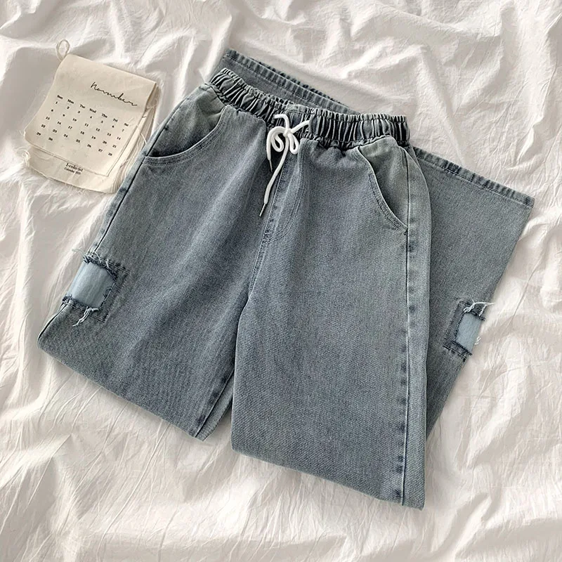 

Women's Jeans 2021 Spring High Waist Denim Trouser Y2k Streetwear Vintage E Girl Blue Washed Casual Simplicity Wide Leg Pants