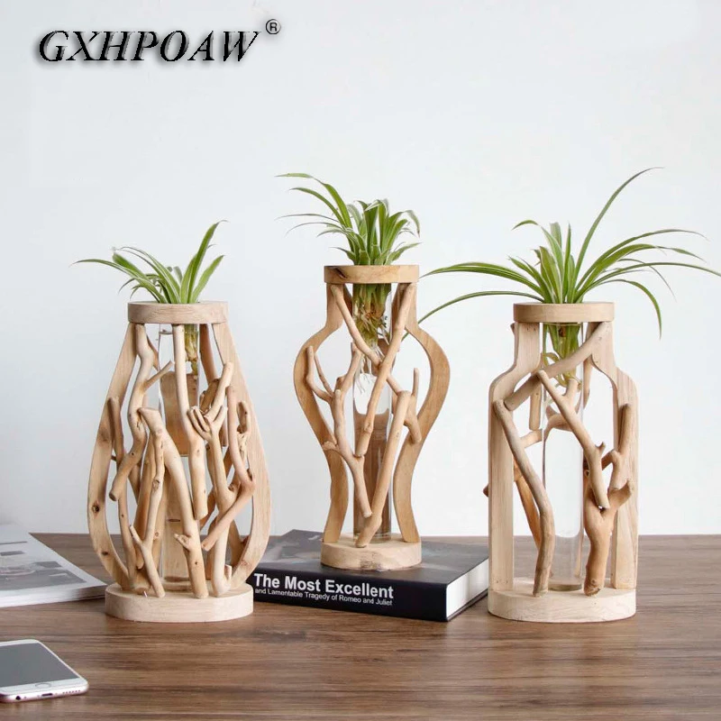

Retro Wooden Frame Table Flowers Vases Nordic Decoration Home Wood Plant Holder Exquisite Art Tabletop Vase Home Decor 8 Shapes