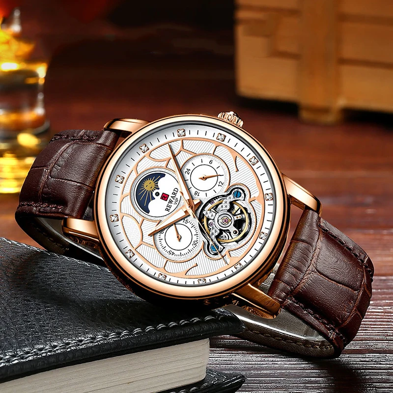 

REWARD Automatic Mechanical Business Man's Wristwatches Corium Strap Waterproof Multifunctional Hollow-carved Watch Men Moon