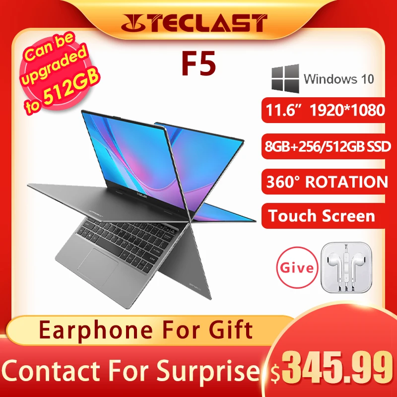 Promo Teclast F5 F5R 11.6 inch Touch Screen Laptop 8GB DDR4 256GB 512GB SSD Windows10 Notebook 1920×1080 IPS 360° Computer