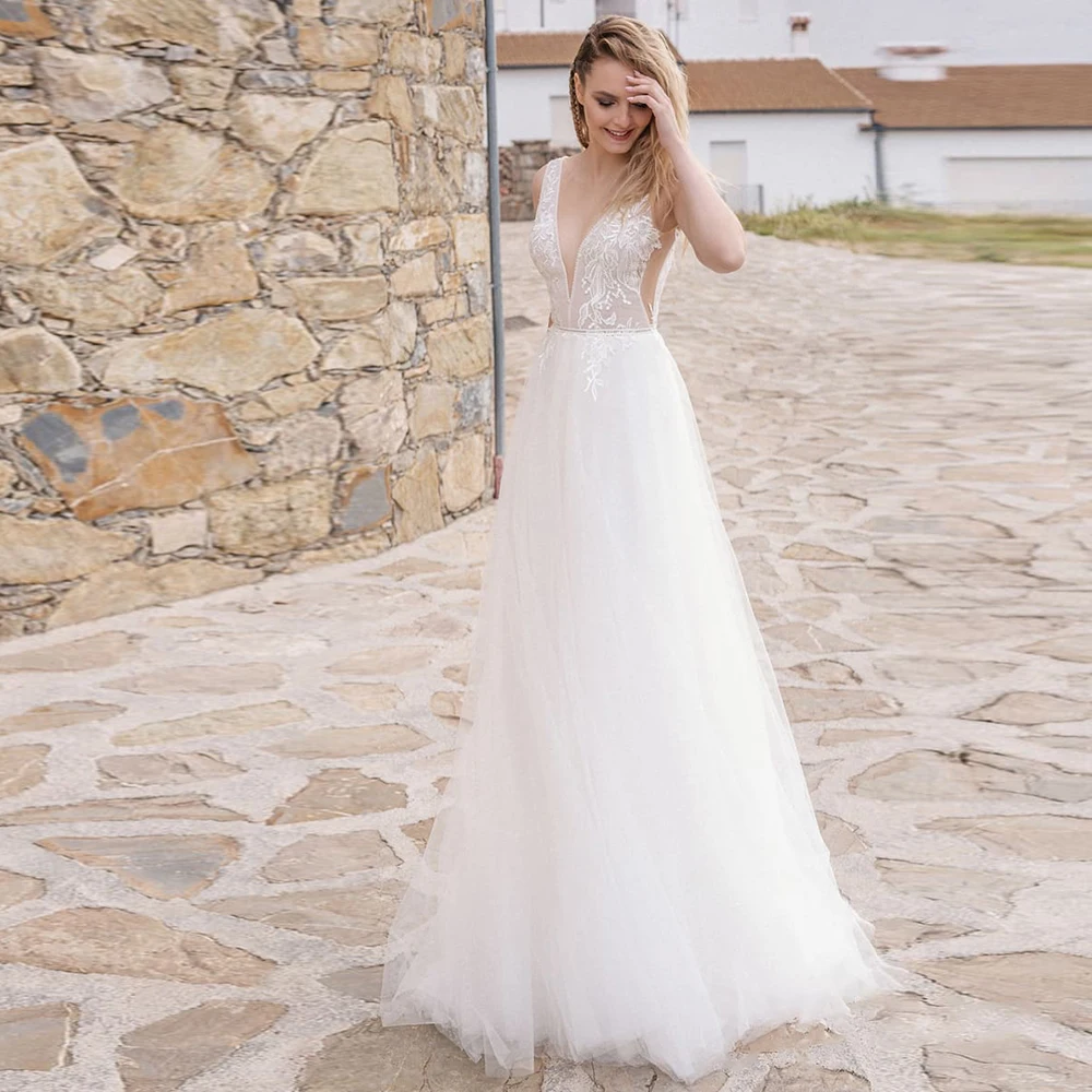 

Deep V-Neck Sleeveless Floor-Length Empire White Wedding Dresses for Women 2021 Bride with Tulle Backless Court Train Summer
