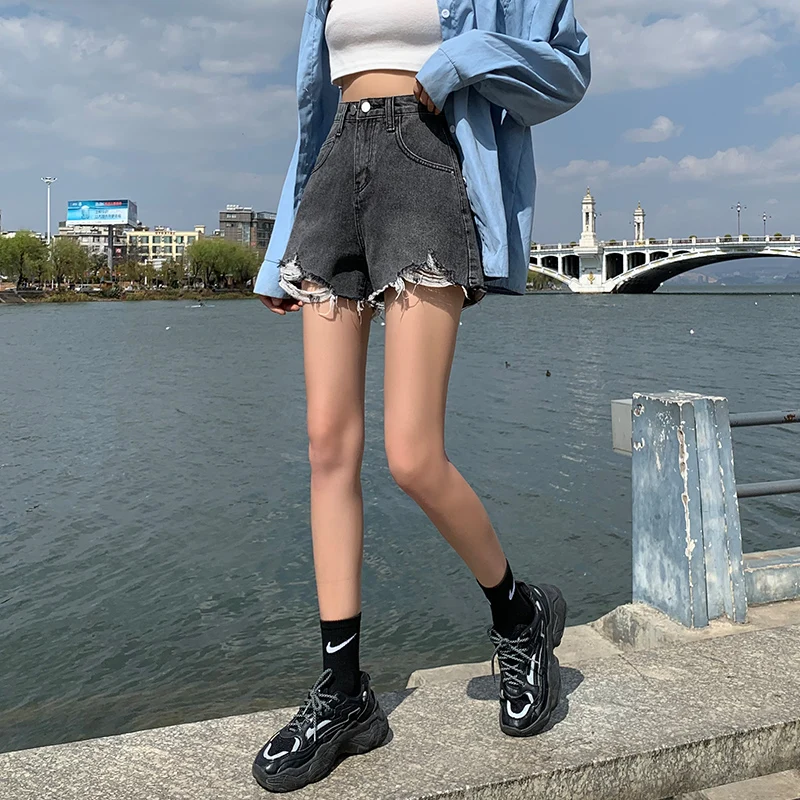 

FTLZZ Summer Women Vintage Irregular Short Jeans New Female High Waist Loose Shorts Lady Solid Color Casual Wide Leg Short Pants