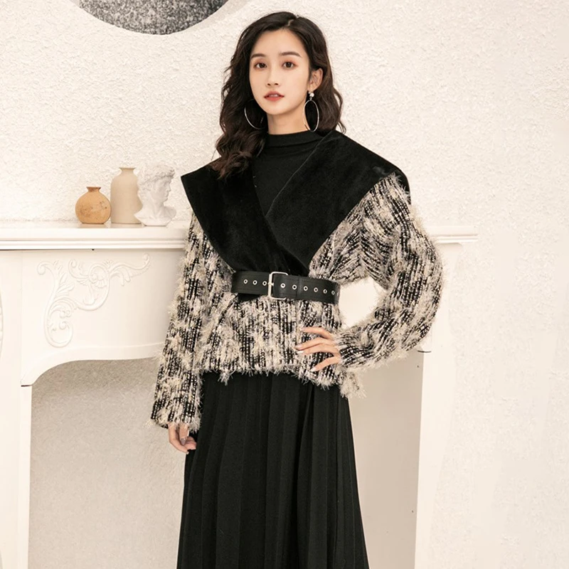 

Women Fall Winter Coat New Large Lapel Furry Motley Belt Waist Jacket Ladies Super Warm Long-sleeved Personality Woolen Coat