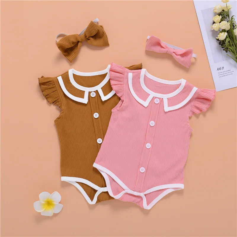 

Pink Infant Toddler Newborn Baby Girls Solid Ribbon Ruffle Sleeveless Bodysuit Sunsuit Jumpsuit Casual Clothes Headband 2pcs Set