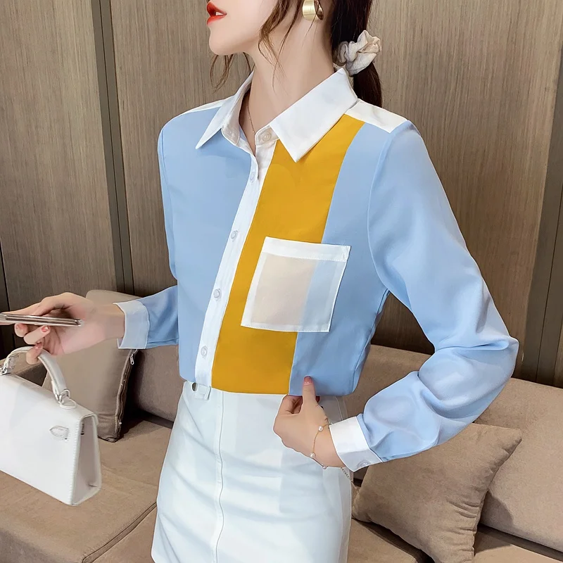 Womens Blouse Chiffon Shirt Lapel Long Sleeve Top Korean Fashion Color Pocket Top Spring 2021 Blusas