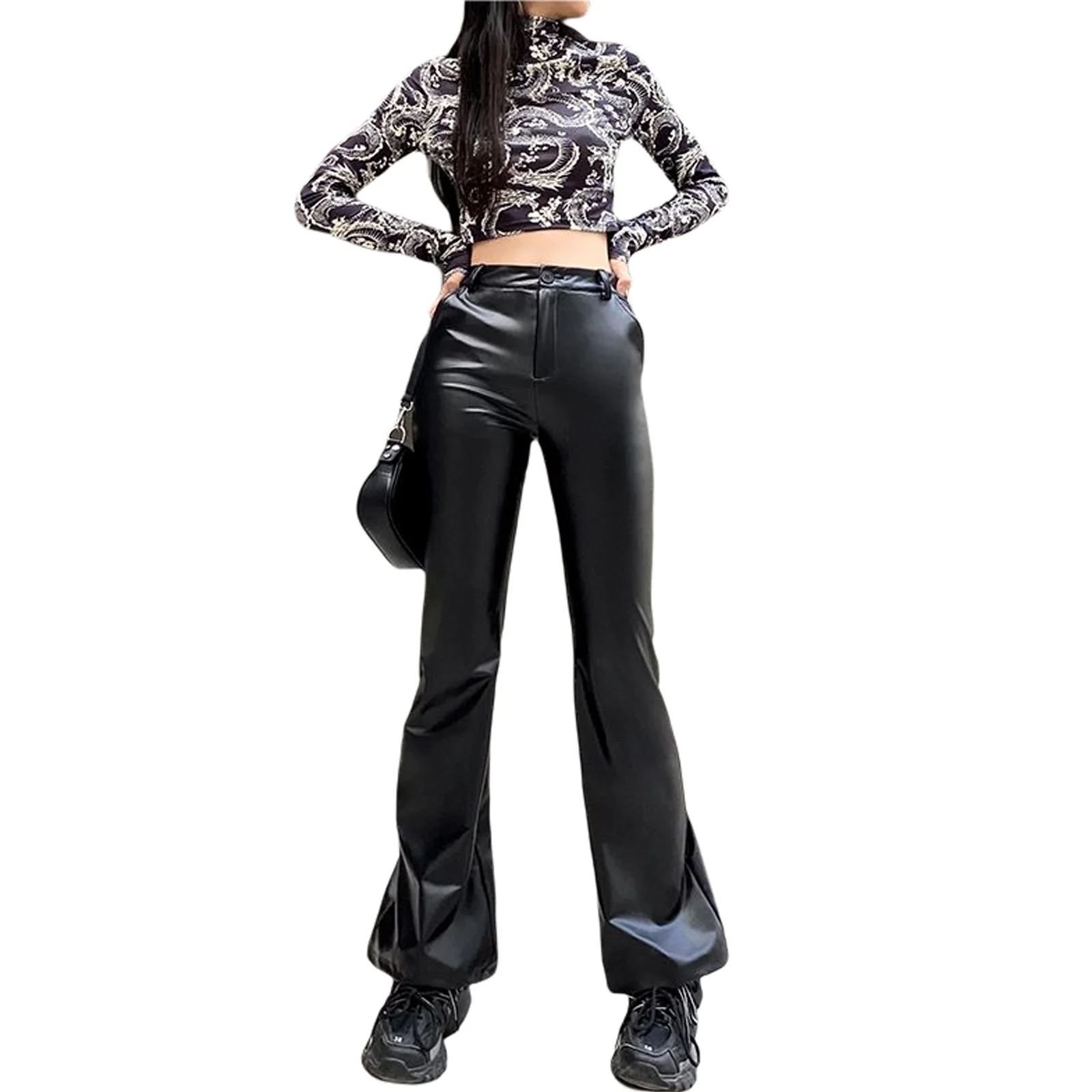 

Women Slim Wide-leg Pants Adults High Waist Elastic PU Leather Trousers with Pockets