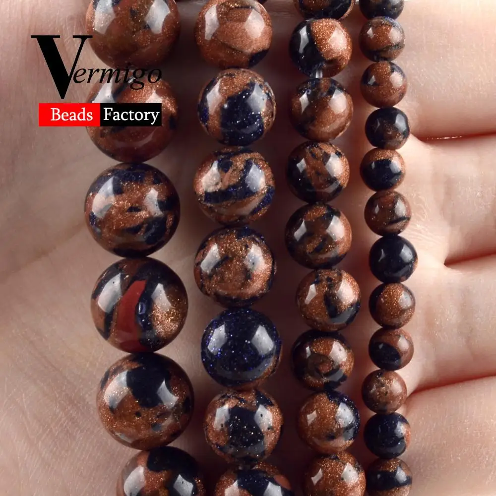 

Natural Minerals Gem Gold Blue Sand Stone Beads For Jewelry Making Round Spacer Beads 6 8 10 12mm Diy Bracelets Accessories 15"