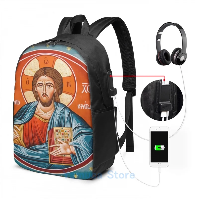 Забавный рюкзак с графическим принтом Святого икона USB-зарядка мужские школьные