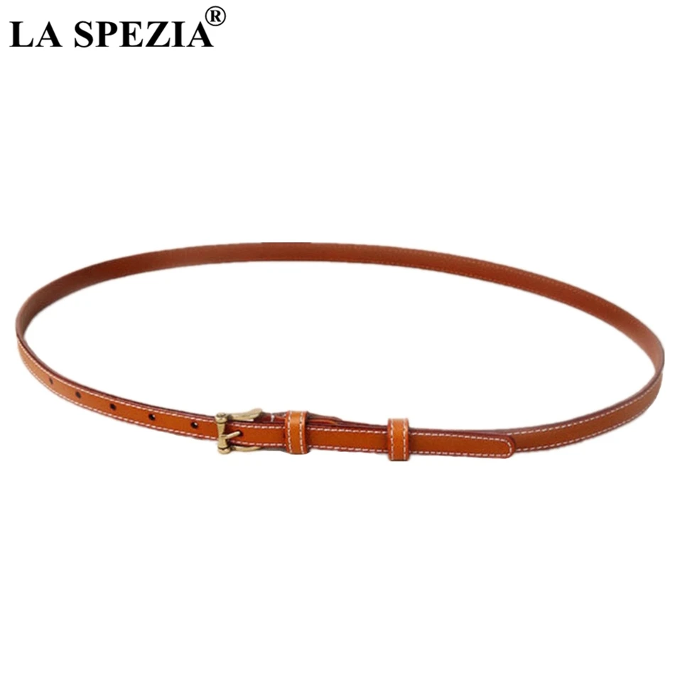 

LA SPEZIA Thin Belt Women Real Leather Cowhide Pin Belt Ladies Camel Classic Genuine Leather Brand Female Narrow Jeans Belts