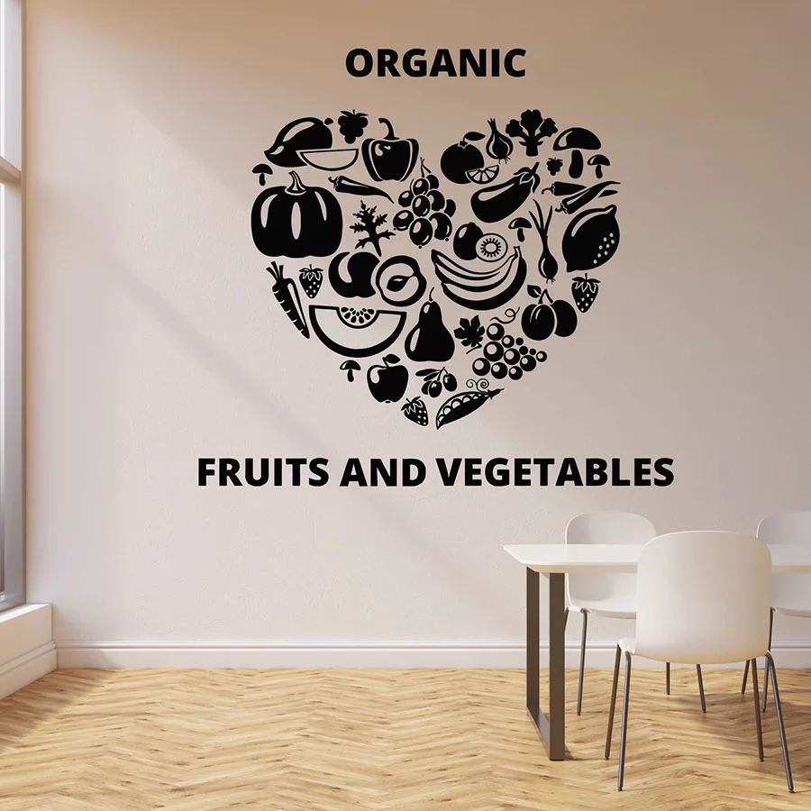 

Виниловые наклейки на окна, наклейка на стену в виде сердца органические фрукты, овощи, еда, столовая, здоровое питание, декор для кухни, ресторана, Настенная роспись M752