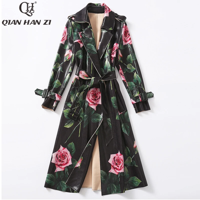 Qian Han Zi nuovo Designer moda fiore stampa trench in pelle brillante donna manica lunga rose cappotto lungo cintura vintage sottile
