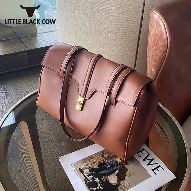 

100% Real Leather Casual Big Tote Bags Women High Capacity Travel Shoulder Sling Bags Vintage Solid Color Brown Lady Handbags