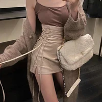 fashion women ladies skirt spring autumn solid color sexy clubwear mini skirt high waist lace up pencil cross skirt for women