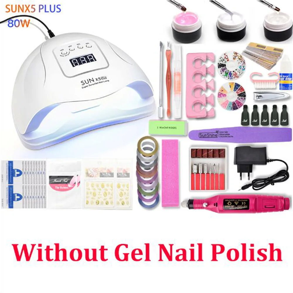 sunx5 plus no gel Маникюрный набор УФ светодиодный светильник Сушилка отмачиваемый гель лак для ногтей набор маникюрных инструментов 10 шт. Набор для гелевого маникюра электрическая дрель для ногтей - Цвет: sunx5 plus no gel