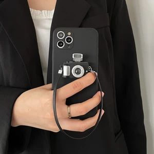 3d retro flash camera phone case for iphone 12 11 pro max 12mini xr xs x 7 8 plus black matte soft back cover with hand strap free global shipping
