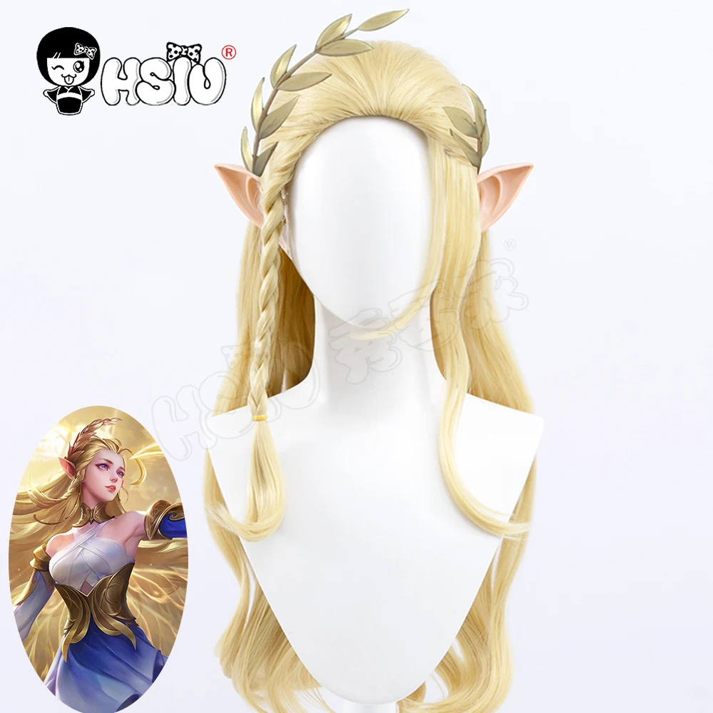 Ailin cosplay wig Game King of Glory cosplay HSIU  Creamy golden Side braid long hair gift brand wig cap+Elves Ear decoration