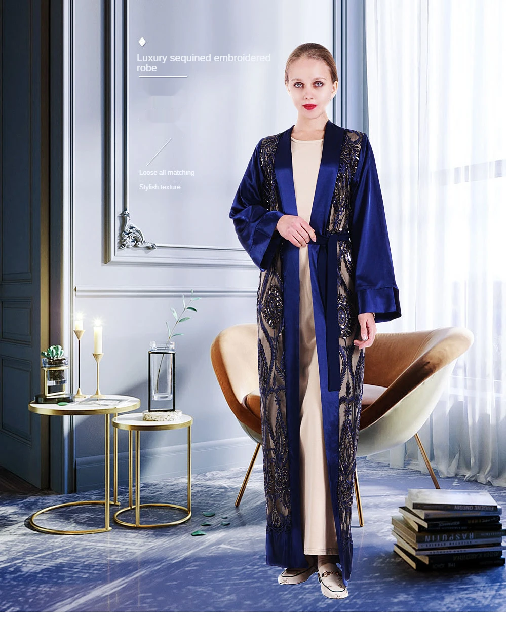 

Aristocratic Blue Vintage High-Density Embroidery Outside With Muslim Dubai Kebaya Dress Travel Abaya Clothing Women's Clothing