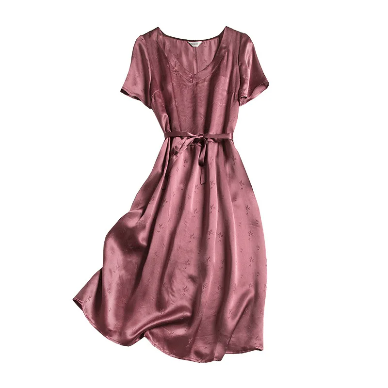 

New summer bean paste color jacquard v neck pleated A0677 mulberry silk silk dress with short sleeves