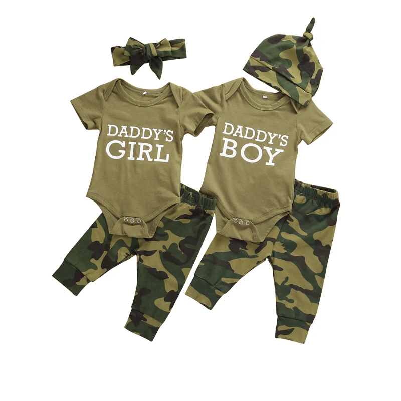 Модный костюм для новорожденных девочек и мальчиков футболка с камуфляжным