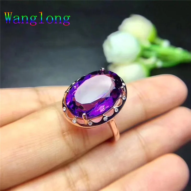 Wanglong 925 пробы Серебряное кольцо с большим драгоценным камнем Аметист стиль изменяемый Размер 12*16 мм для женщин Цвет ювелирные изделия