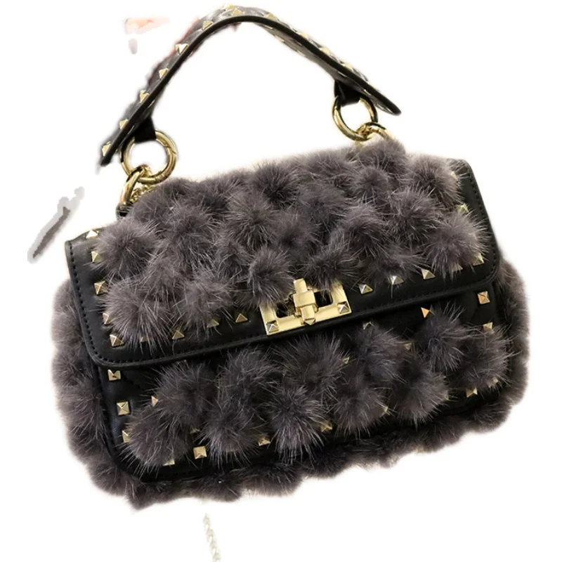 

Mink Fur Rivet Tote bag 2020 Winter New High-quality Fur Women's Designer Handbag Lock Chain Shoulder Messenger Bag Phone Purses