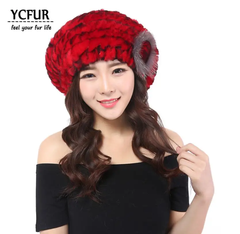 red Yc меховые зимние береты для женщин, вязанные настоящий мех кролика, шапки, шапки с мехом серебристой лисы, теплые мягкие меховые шапки с цветком, женские береты - Цвет: red