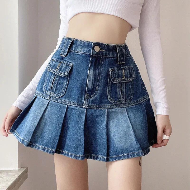 

Женские плиссированные джинсовые юбки с высокой талией, летние мини-юбки на молнии с карманами, новинка 90-х, уличная одежда, облегающая синя...