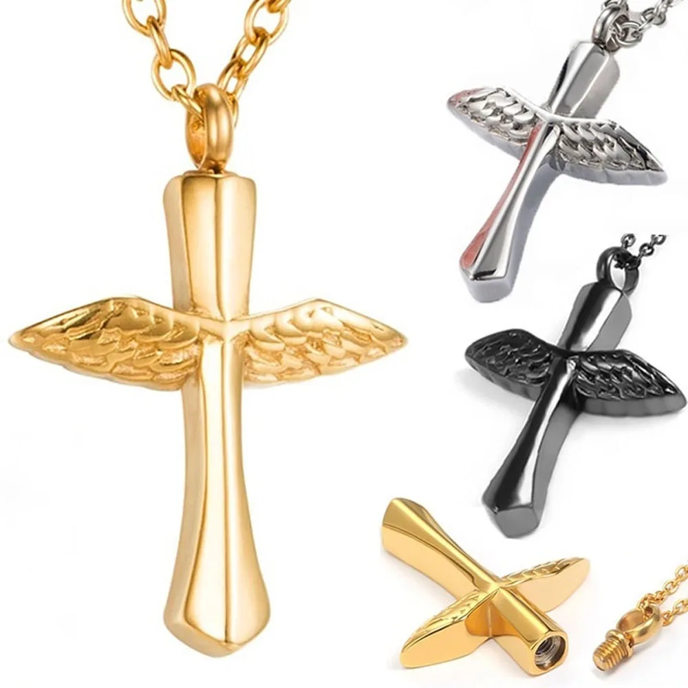 

Funeral Angel Wings Cross Memorial Necklace Titanium Steel Urn Vial Pendant Necklace For Ashes Cremation Keepsake Jewelry