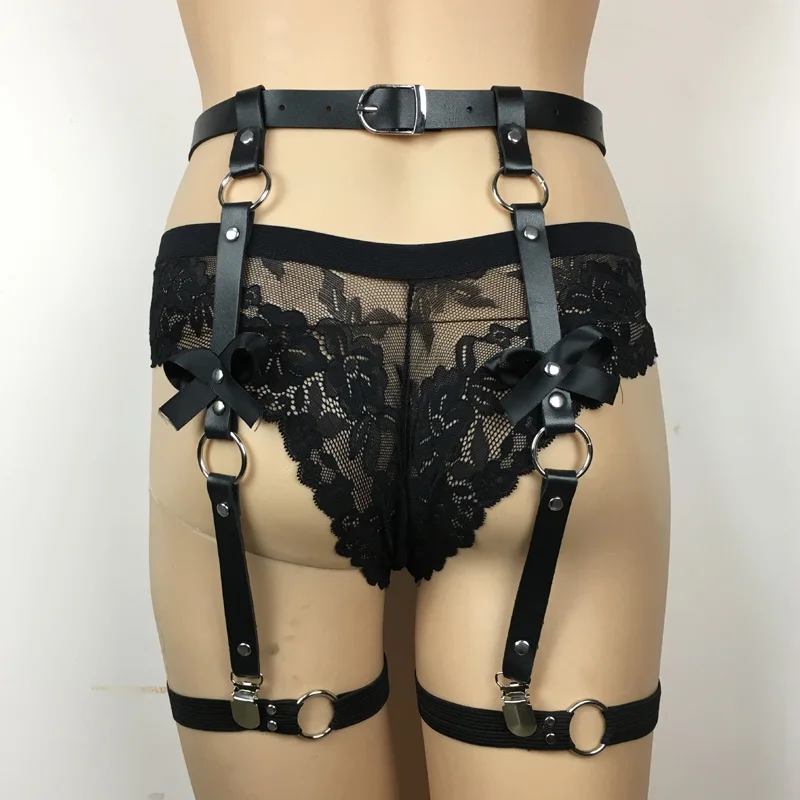 

New Sexy harajuku handmade punk Rock goth Bow garter belts leg ring with 4 suspenders straps and detachable O-ring leg harness