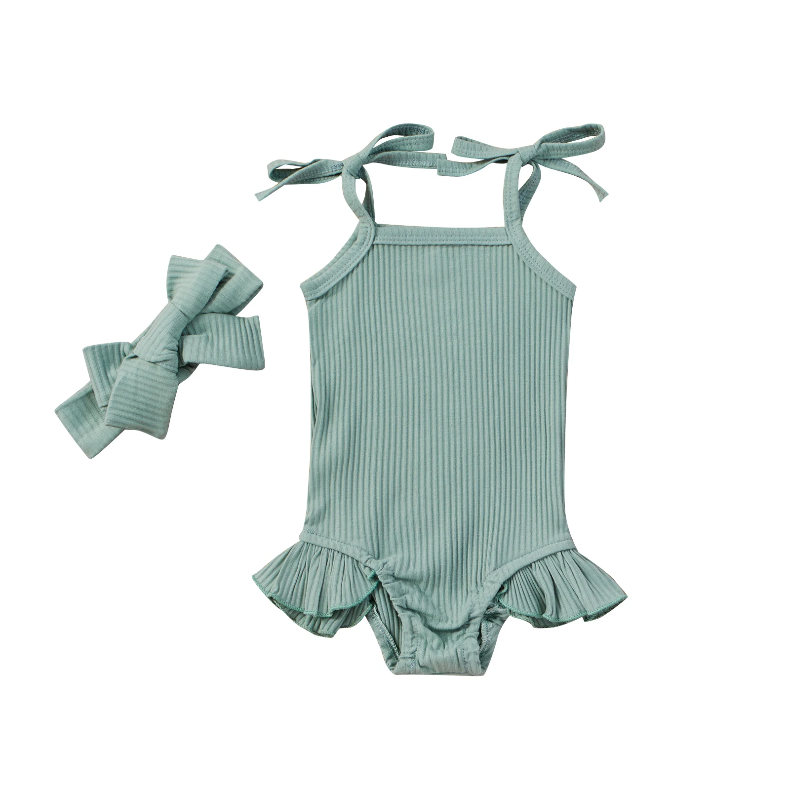 

Baby Girls Summer Outfits Sleeveless Strap Ruffle Bodysuit with Headband Set Cute Baby Girl Clothes Jumpsuit