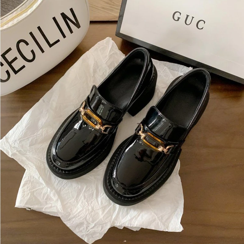 LLUUMIU Women Loafers Casual Metal Buckle Shoes Ladies Fashion All-match Mary Jane Shoes College style Leather Platform Shoes