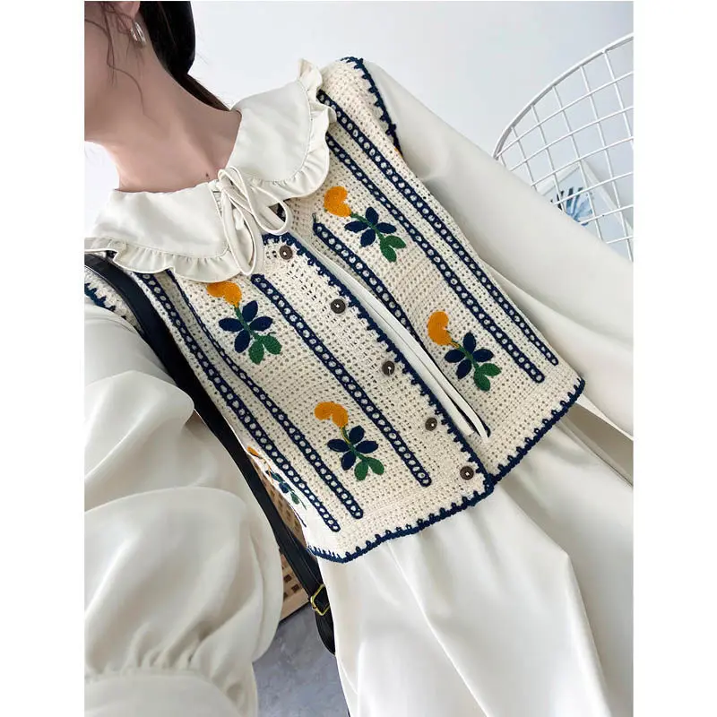 

2 шт./1 комплект с вышитыми цветами; Комплект из двух предметов для женщин; Сезон весна-осень; Новинка; Вязаная жилетка без рукавов Ретро-кукла...